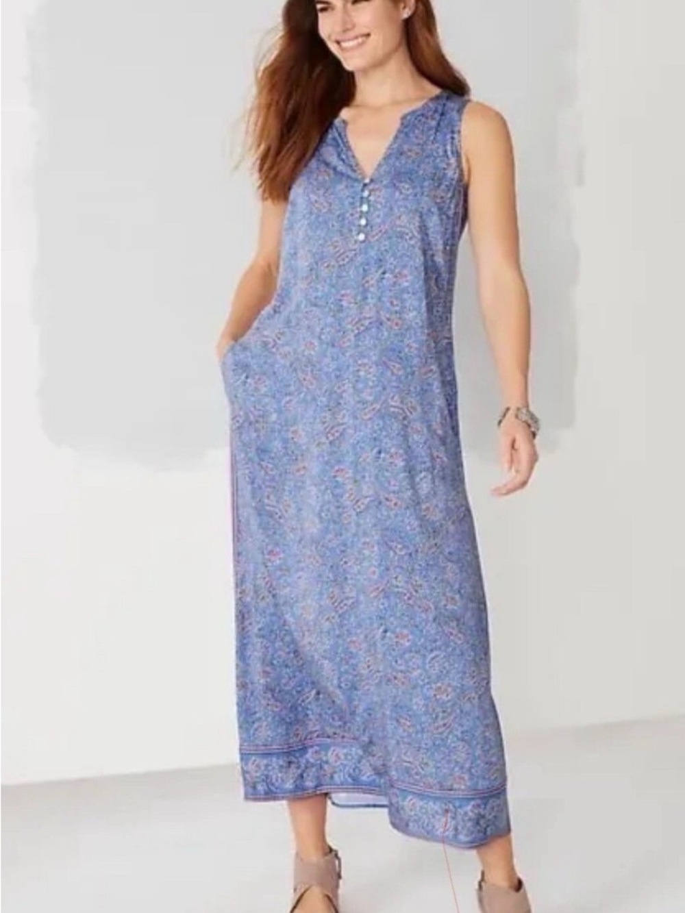 J Jill sz M Border Print maxi dress, v neck, button detail sleeveless.